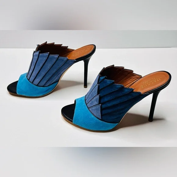 Malone Souliers Donna Fanned Blue Suede Colorblock Mules Heels Shoes Sandals - Picture 6 of 15